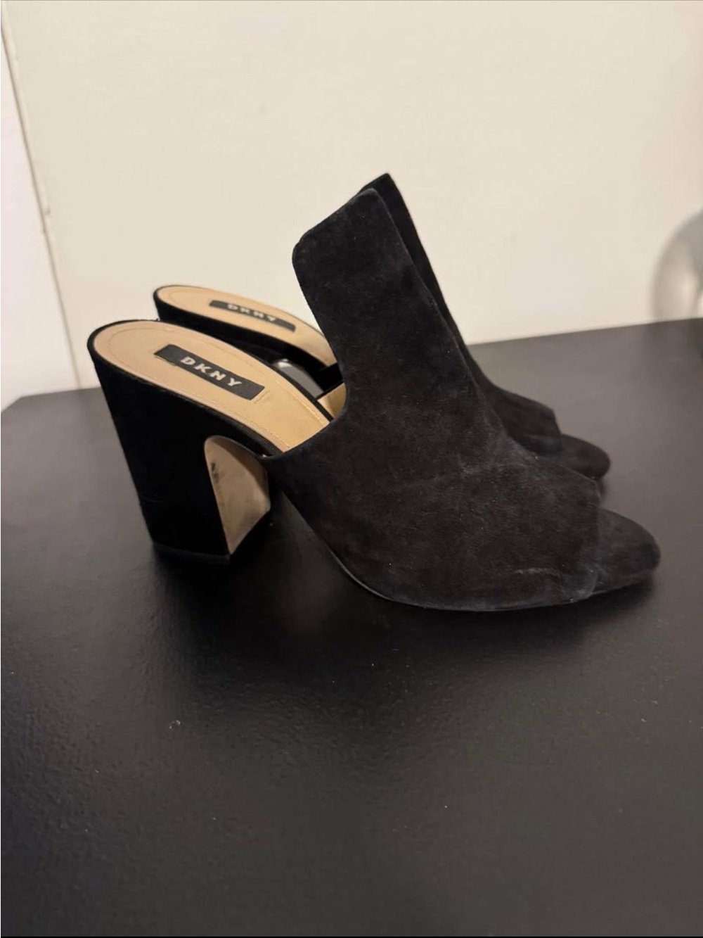 DKNY Black Suede Open Heel Block Heel Mule
